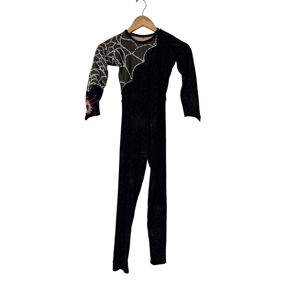 Kids Black Velvet Spider Web Rhinestone Figure Skating Unitard Gymnastics Suit